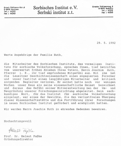 Nachruf Sorbisches Institut